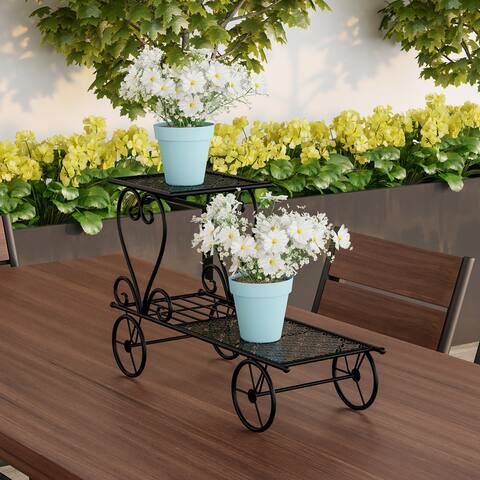 Plant Stand  2-Tiered Indoor or Outdoor Decorative Vintage Look Wrought Iron Garden Cart by Pure Garden (Black)
