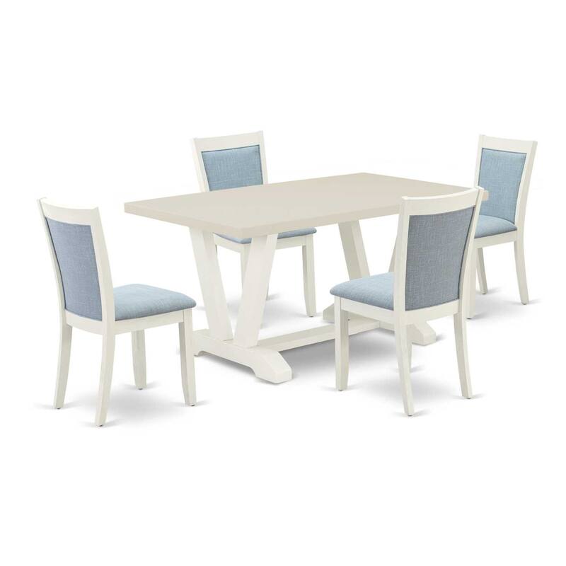 HomeStock 5-Piece Wire Brushed Linen White Finish Solid Wood Top Dining Table with 4 Upholstered Chairs