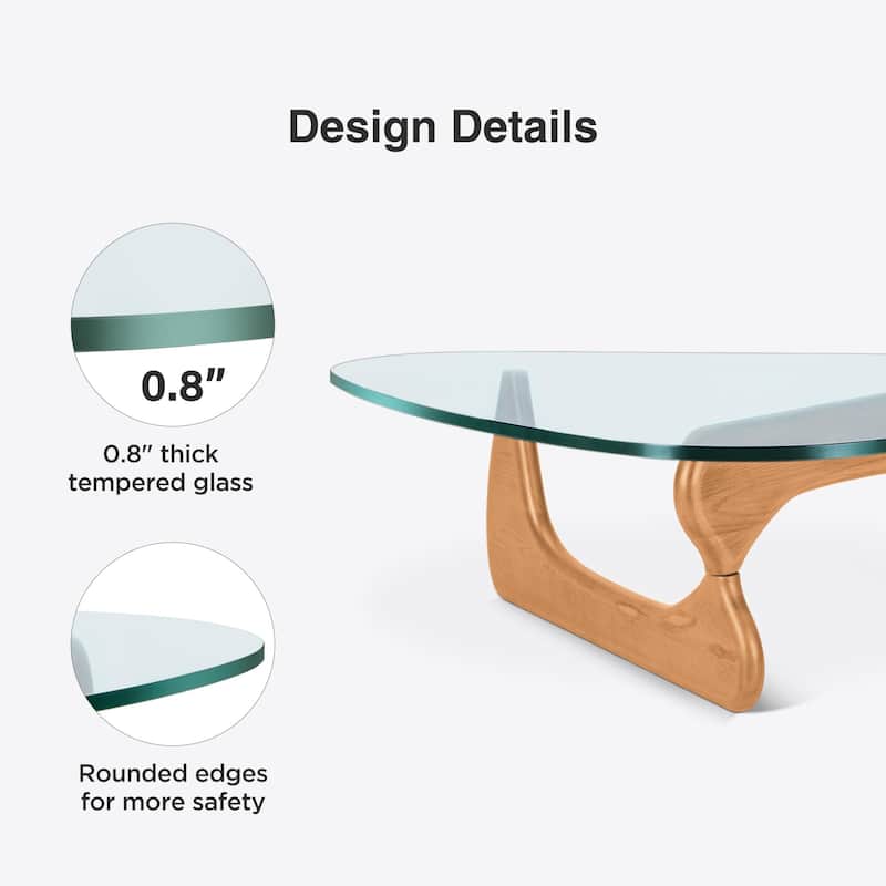 0.78 " Modern Triangle Glass Noguchi Coffee Table Cherry Wood Base