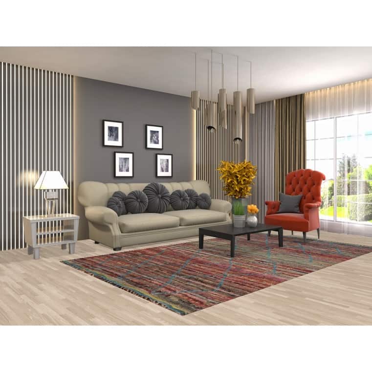Striped Trellis Moroccan Area Rug Handmade Wool Carpet - 5'8" x 9'9"