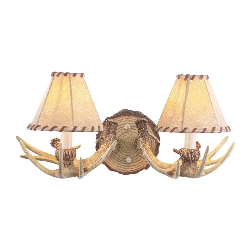 Wall Sconce - 2 Light Wood & Faux Leather - 16.75" Lodge Style Lighting Fixture - 8.25