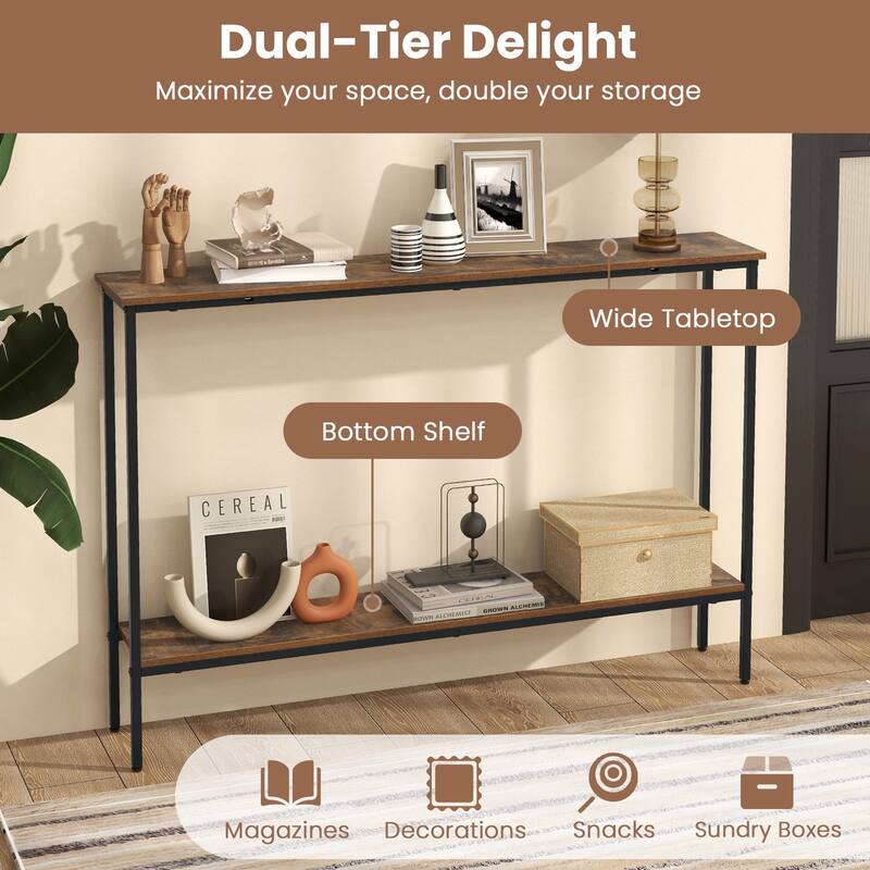 44 Inch Modern 2-Tier Console Table with Lower Storage Shelf for Entryway Living Room or Hallway - 44"L x 8"W x 30.5"H