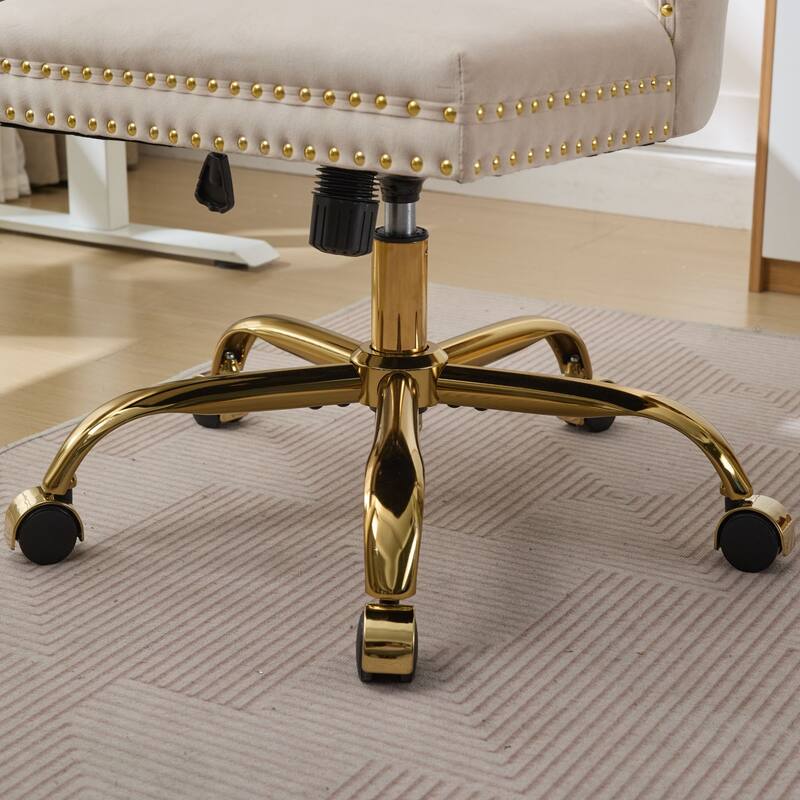 GDF Studio - Velvet Tufted Upholstered Home Office Chair with Golden Metal Base with Swivel Adjustment and Elegant Button Back