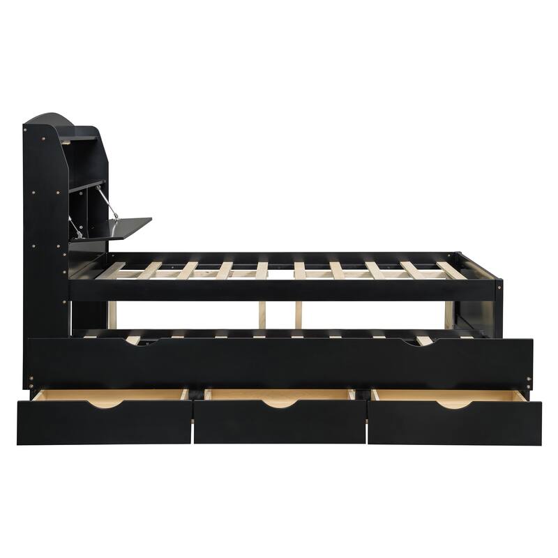 Full Size Wooden LED Platform Bed with Trundle, with Storage Headboard, with Drawers