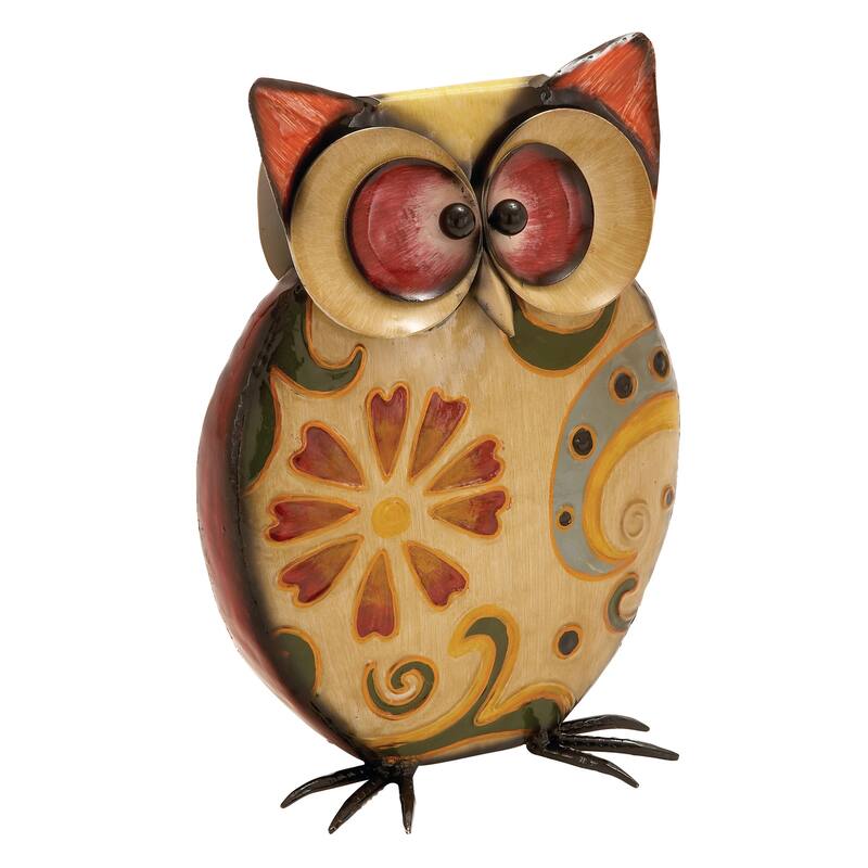 Yellow Metal Indoor Outdoor Owl Decorative Garden Sculpture with Floral Pattern