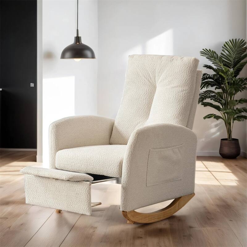 High Back Wood Rocking Chair with Footrest and Side Storage Pocket