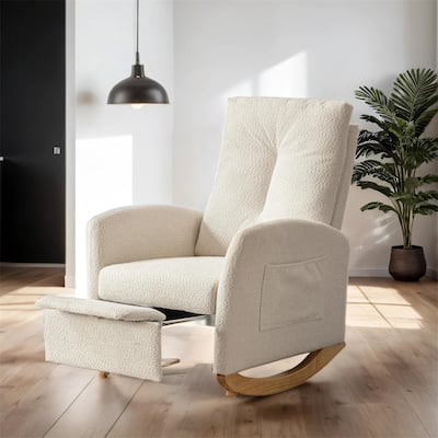High Back Wood Rocking Chair with Footrest and Side Storage Pocket
