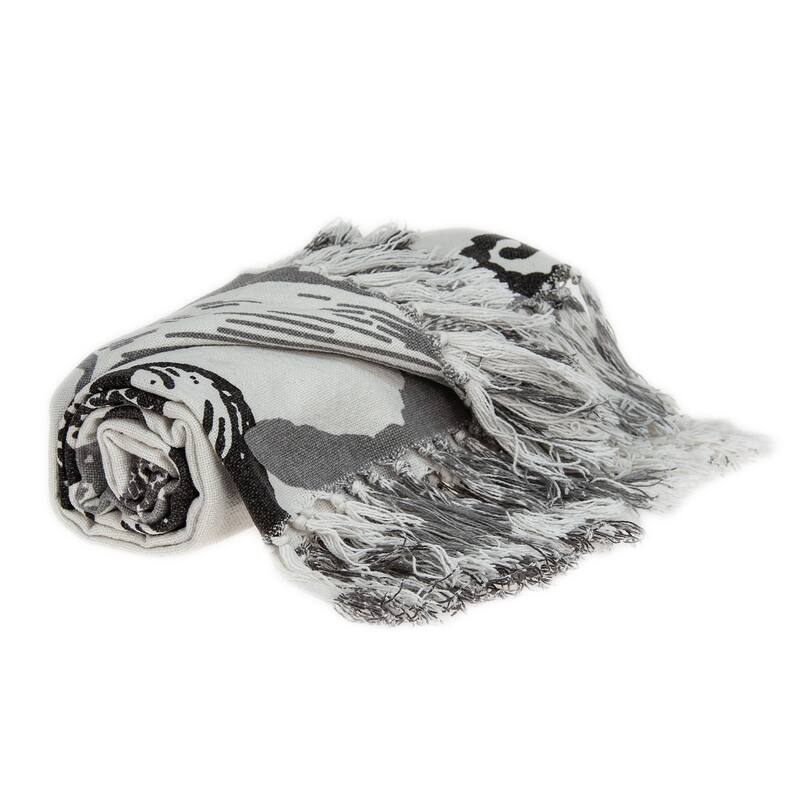 HomeRoots 52" X 67" Ivory and Gray Woven Cotton Coastal Seashell Throw Blanket with Fringe