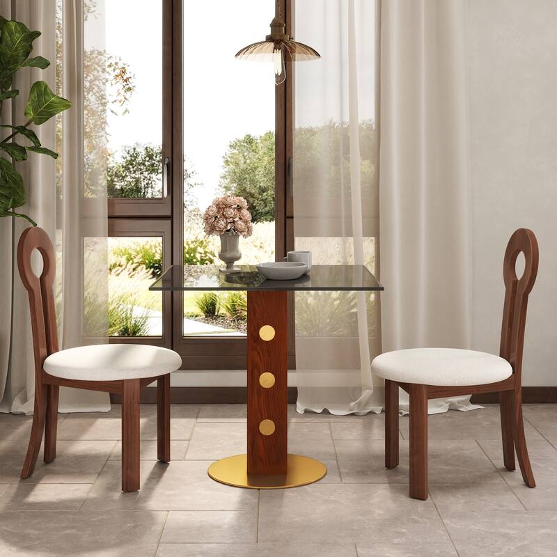 33" Retro Square Glass & Sintered Stone Tabletop Dining Table with Solid Wood Pedestal