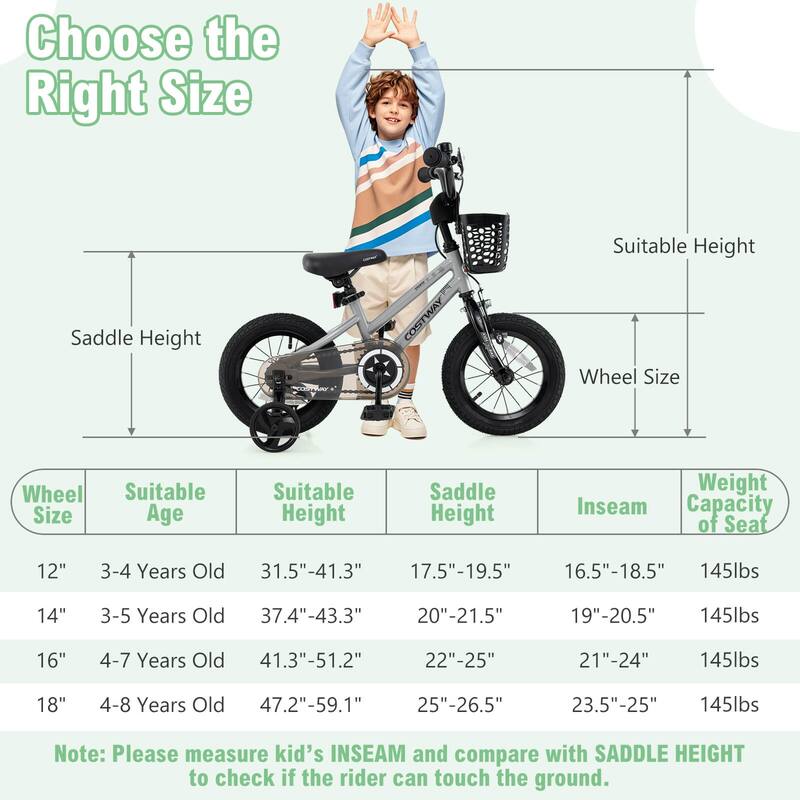 Costway 12"/14"/16"/18" Kid’s Bike with Training Wheels Adjustable - See Details