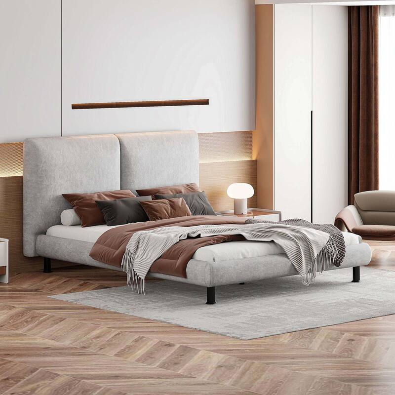 Queen Size Upholstered Platform Bed with Two Large Headrests