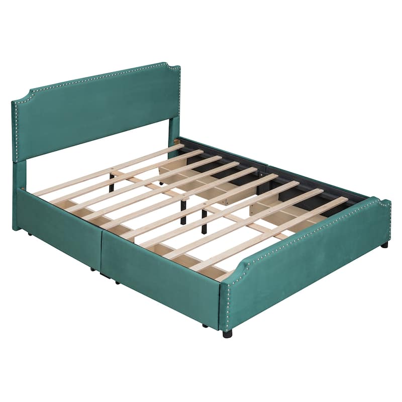 Queen Upholstered Velvet Platform Bed Storage Bedframe with 4 Drawers