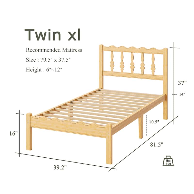 Solid Bamboo Bed Frame with Headboard, Heavy Duty Metal Slat Support, Easy Assembly