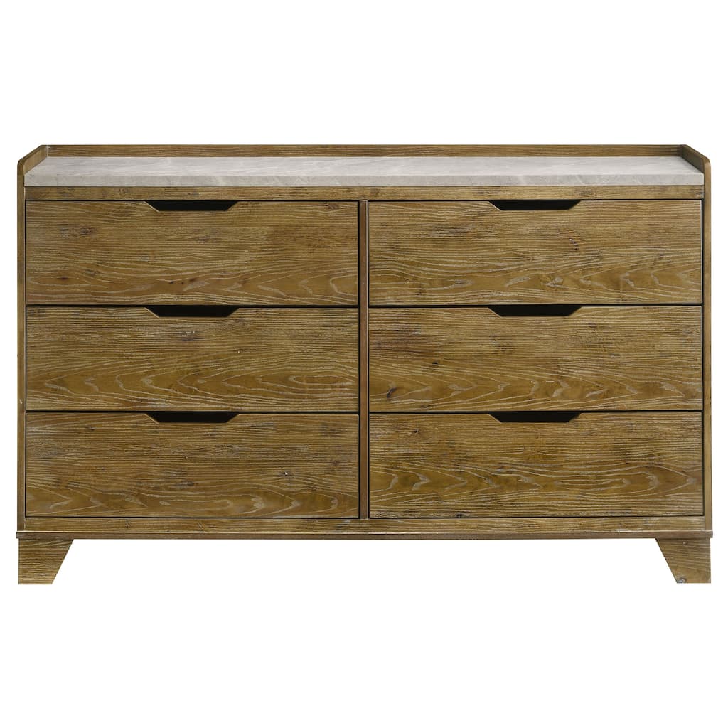 Nolan Wide Dresser with Faux Marble Top, 6 Drawers, Brown Wood