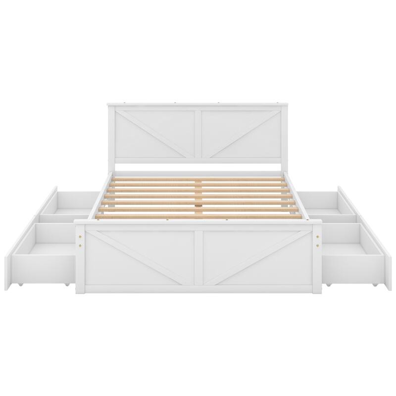 Queen Wooden Platform Bed with 4 Storage Drawers, Headboard, and Support Legs, Durable Pine Wood Frame