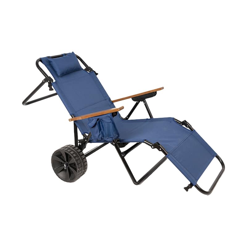 Beach Cart Chairs With Wheels 2 in 1 Foldable Beach Lounge Chair With Integrated Wagon Pull Cart Perfect for Backyard Pool - Dark Blue