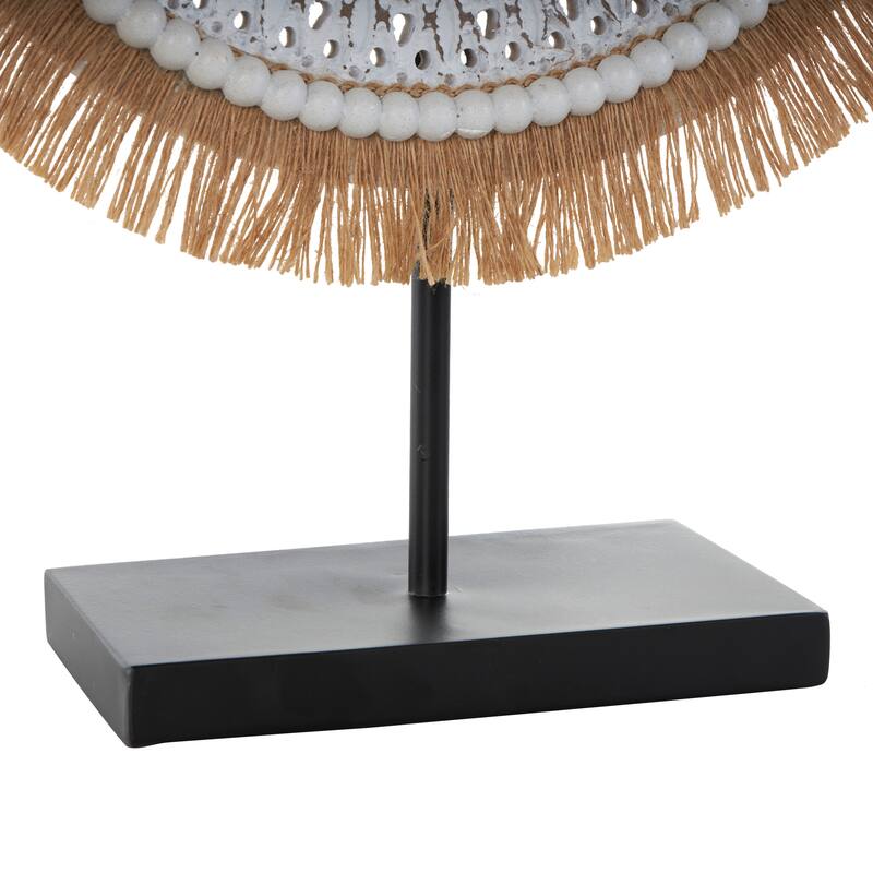 White or Gray Wooden Handmade Seagrass Fringed Sculpture with Black Base