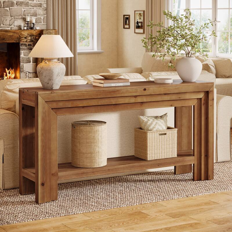 63-Inch Entryway Table, Solid Wood Console Tables with Storage Shelf