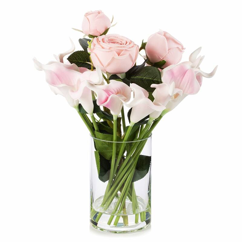 Enova Home Mixed Artificial Real Touch Lily and Rose Flower Arrangement in Clear Glass Vase with Faux Water For Home Decoration - Pink