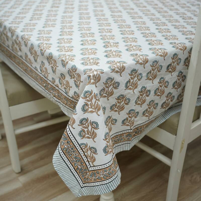 Fabdivine Handmade Block Print Cotton Table Cover Farmhouse Dining Kitchen Decor Gift - 60"X108" - Bael Patra- Light Blue, Brown