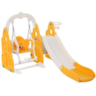 4 In 1 Toddler Slide And Swing Set Kids Freestanding Climber Slide Playset With Basketball Hoop Rocket Themed Slide