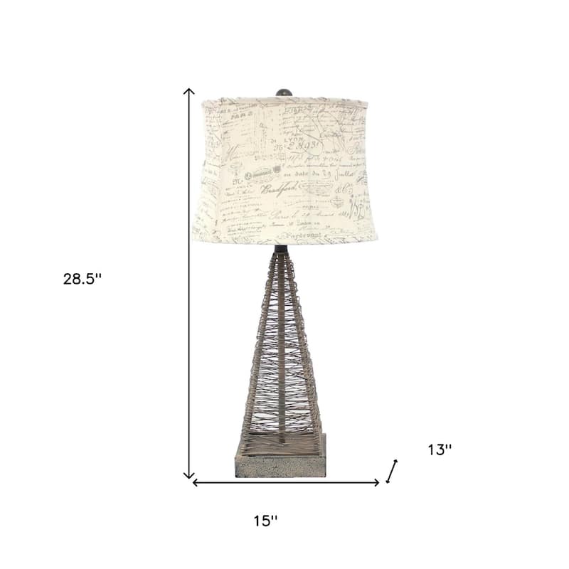 Geometric Grey Metal Table Lamp with White Printed Drum Shade - 13” x 15” x 28.50”