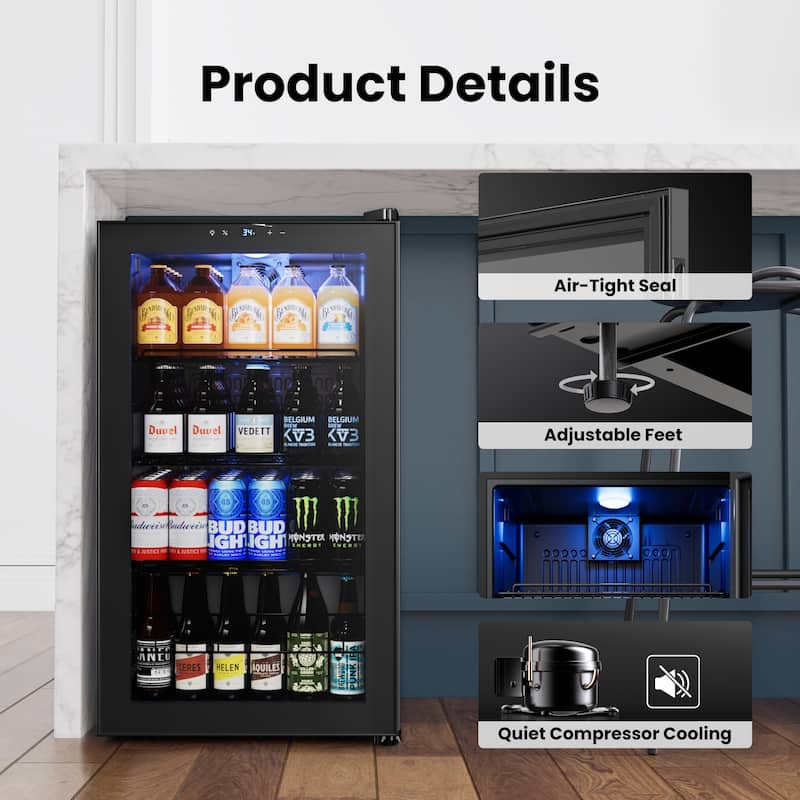 3.35 Cu.Ft Beverage Refrigerator, Glass Door Cooler with LED Display, Quiet Compressor, 102-Can Capacity