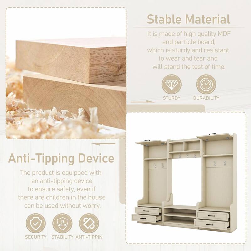 4-in-1 Entryway Hall Tree with Storage, 7 Hooks & Drawers, Beige