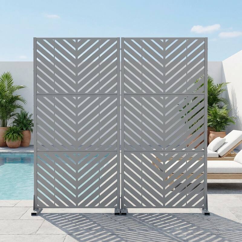 Outdoor Privacy Screen with Stand for Patio Garden Metal Fence Set of 2 - Grey - 59"x30"