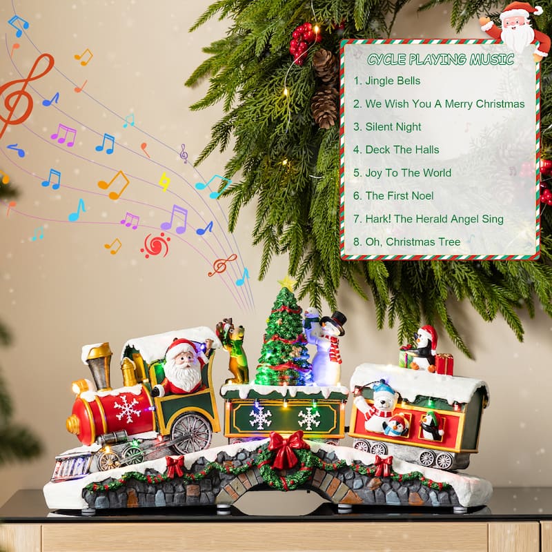 Glitzhome 20"L Lighted Christmas Santa Train Resin Village with Movement and Music
