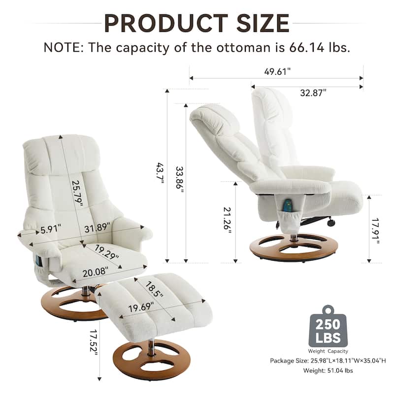 Recliner Chair with Ottoman, Wingback Lounge Chaise Chair, Swivel Chair with 5 Point Vibration Massage