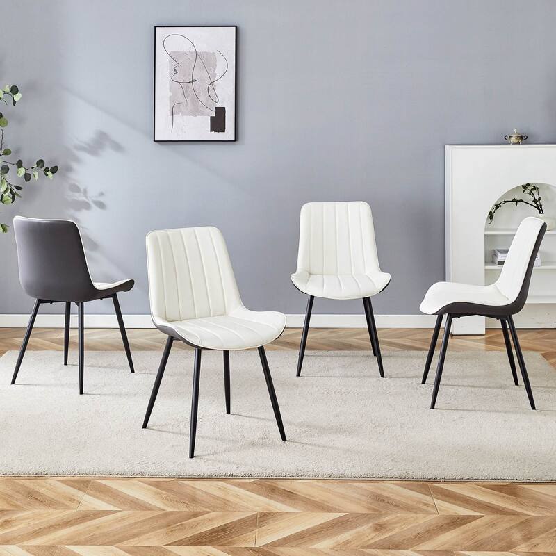 Dining Chair Set of 4 PU Extended Seating with Black Metal Legs - Dark Grey+White