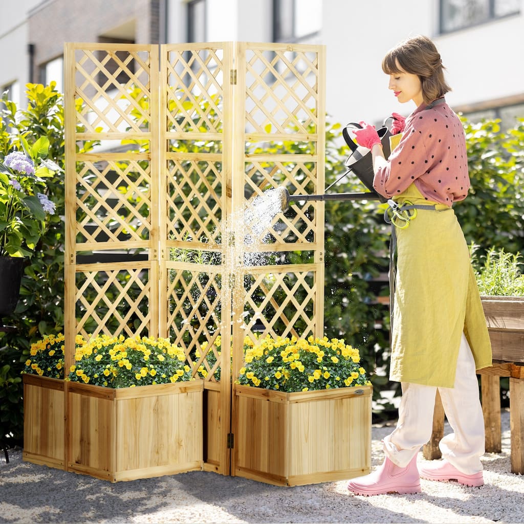 Outsunny Freestanding Outdoor Privacy Screen with 4 Self-Draining Raised Garden Beds, 3 Hinged Privacy Panels