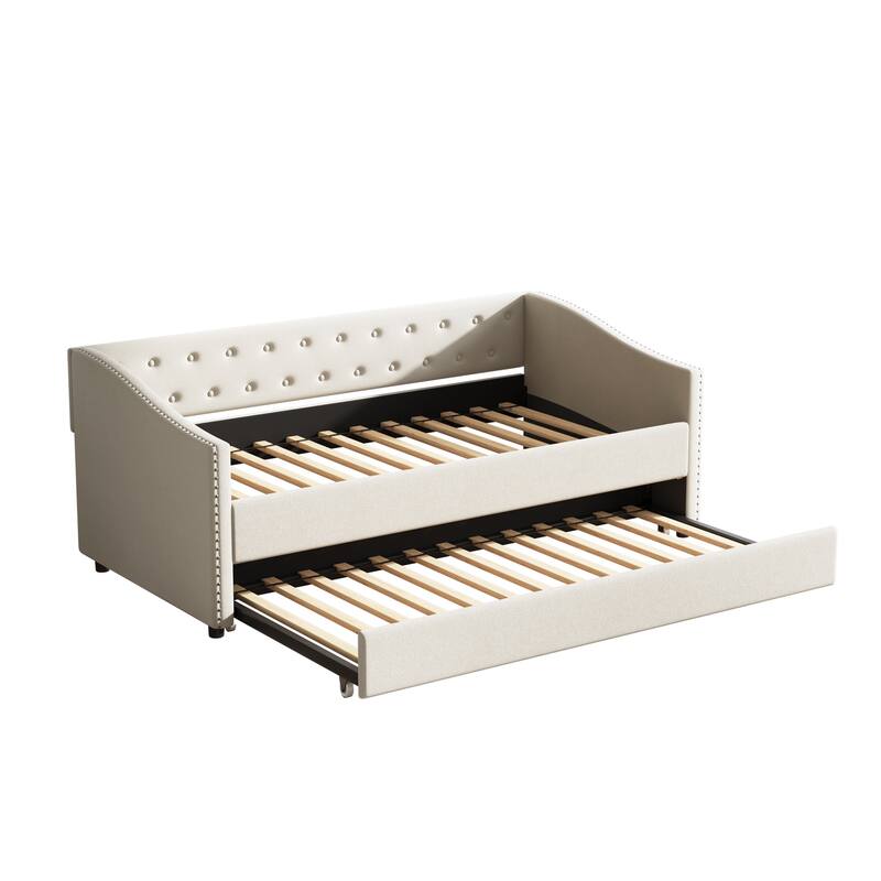 Linen Tufted Daybed with Trundle, Upholstered Platform Sofa Bed Frame, Wooden Slat Support