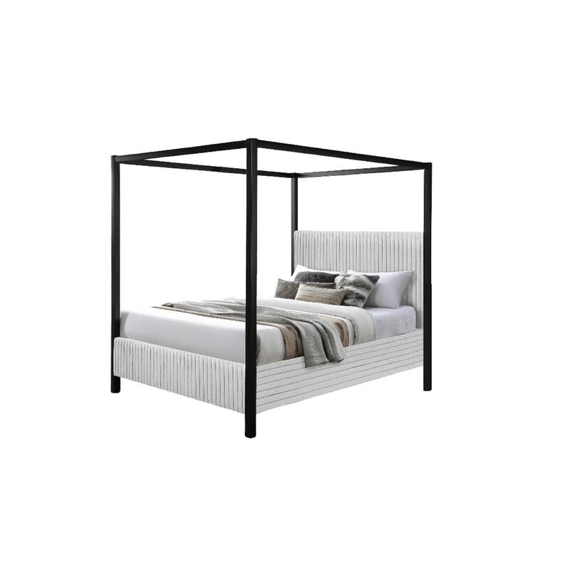 Modern Canopy Queen Bed with Upholstered Headboard, Light Gray