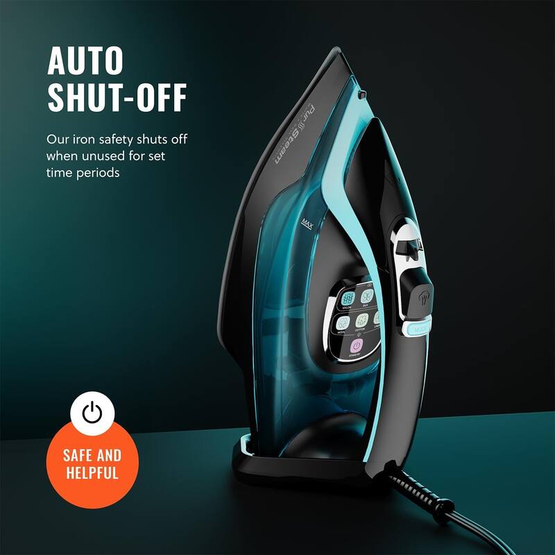 PurSteam SteamTech Elite 1750W Steam Iron, Digital Temp Control & LED Display, Ceramic Soleplate, Self-Clean, Auto Shut-Off