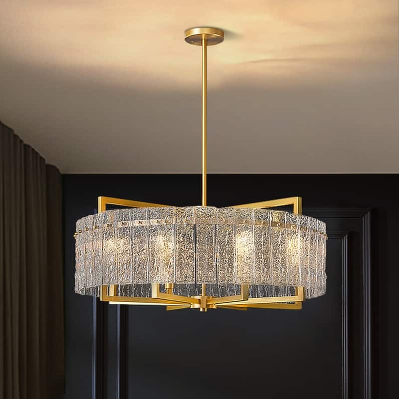 26 in. Gold Modern Drum Crystal Chandelier 6-Light Glam Dimmable Pendant Light Kitchen Island with Frosted Glass for Dining Room