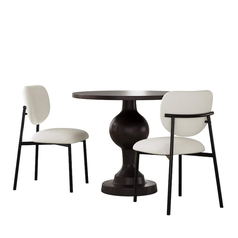 3-Piece Dining Table Set with 2 Curved Beige Back Chairs & Round Table - Beige Black