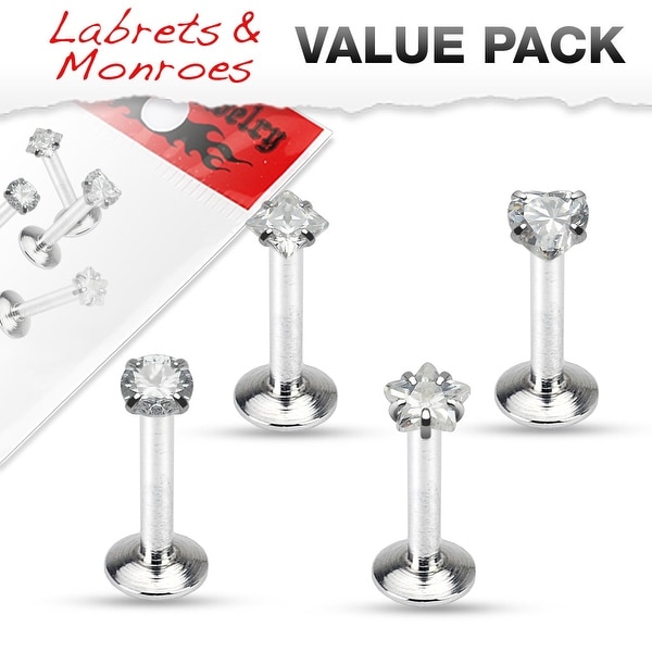4 Pcs Value Pack Prong CZ Top Internally Threaded Surgical Steel Labret/Monroe - 16GA - 5/16" Length