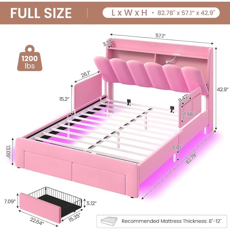 LED Bed Frame Storage DrawerSafety Guardrails Velvet Princess Platform Bed Kids