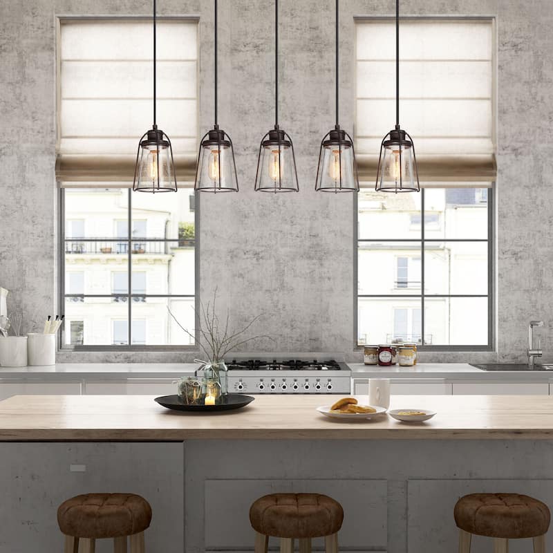 Farmsy Modern Farmhouse Linear Faux Wood Metal Chandelier Glass Adjustable Kitchen Island Pendant for Dining Room