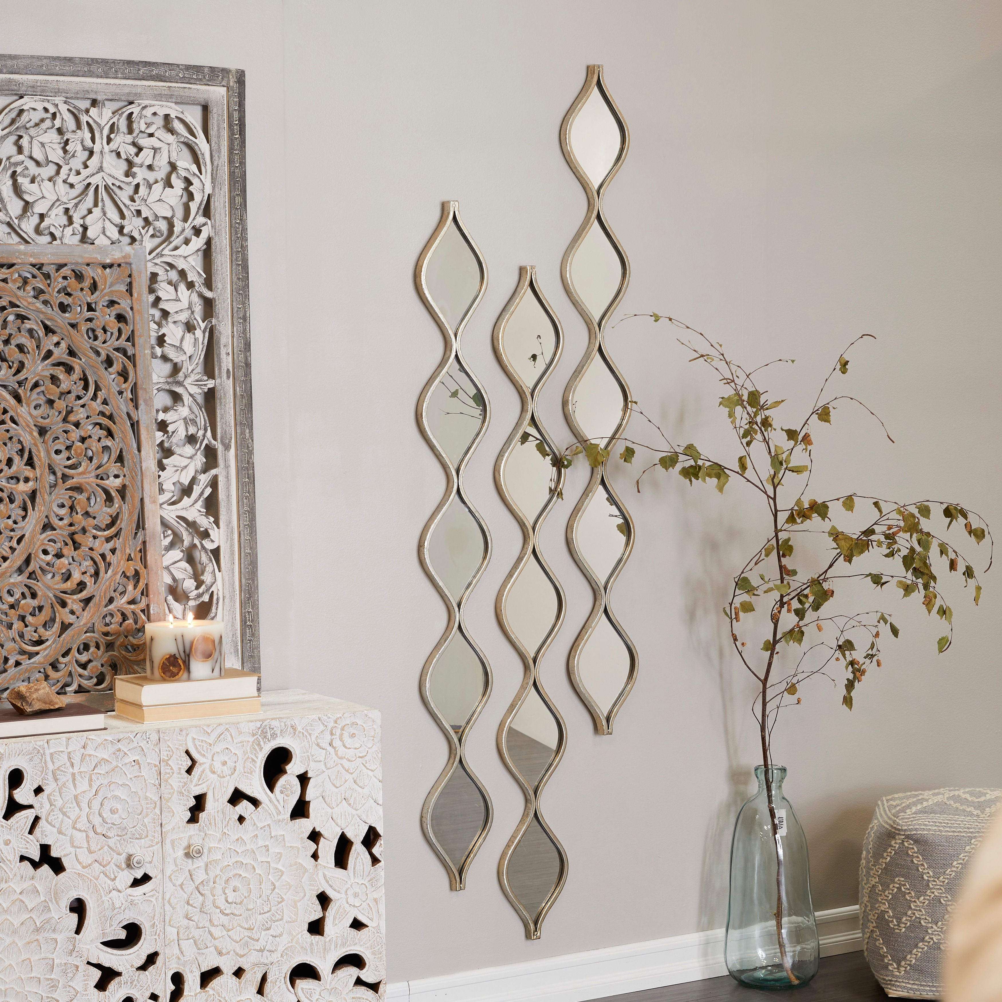 Metal Slim Stacked Chain 5 Layer Wall Mirror with Various Pattern and Foil Detailing - Silver, Gold, or Black