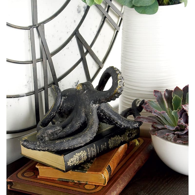 Black Polystone Octopus Decorative Sculpture with Long Tentacles and Suctions Detailing - 11 x 7 x 5