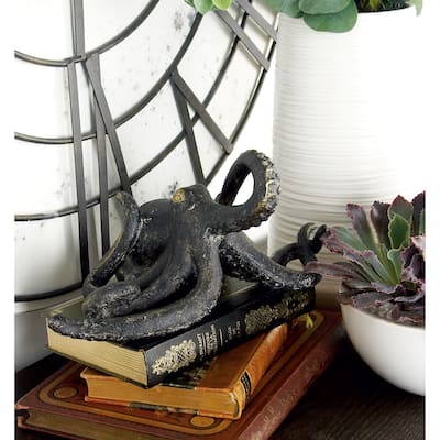 Black Polystone Octopus Decorative Sculpture with Long Tentacles and Suctions Detailing - 11 x 7 x 5