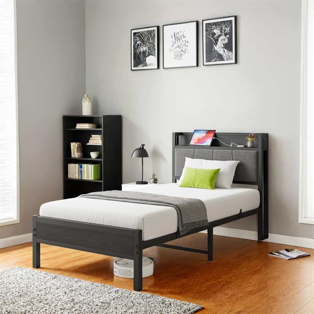 Twin Size Bed Frame,Storage Headboard with Charging Station