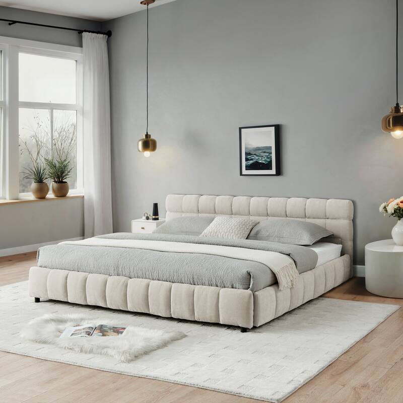Block Thick Chenille Low Profile Platform Bed Fabric Upholstered Bedframe with Headboard Solid Wood Frame - Optional Storage Bed