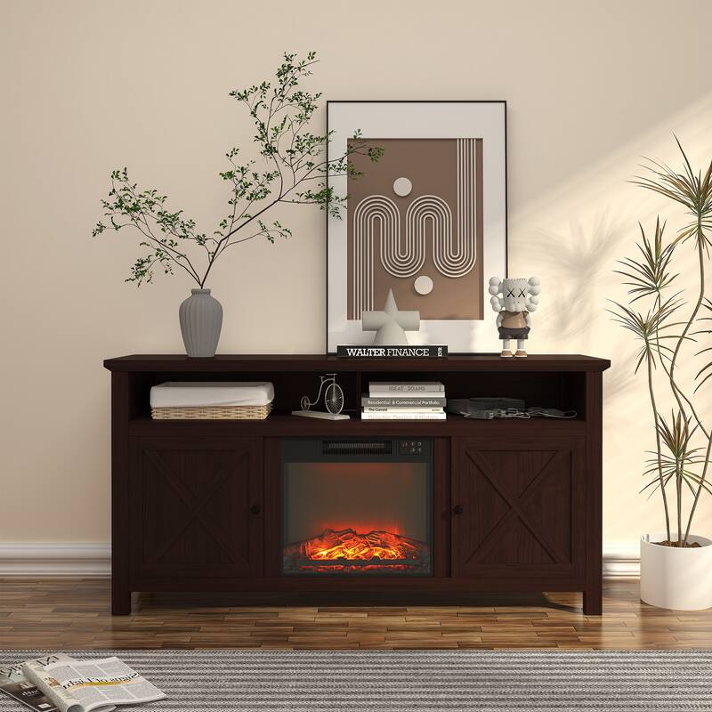 Clihome 58" Wood Fireplace TV Stand with 18" Electric Fireplace