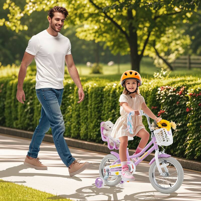 Kids Bicycle Purple Bike with Decorative Basket and Bell Training Wheels Included for Girls