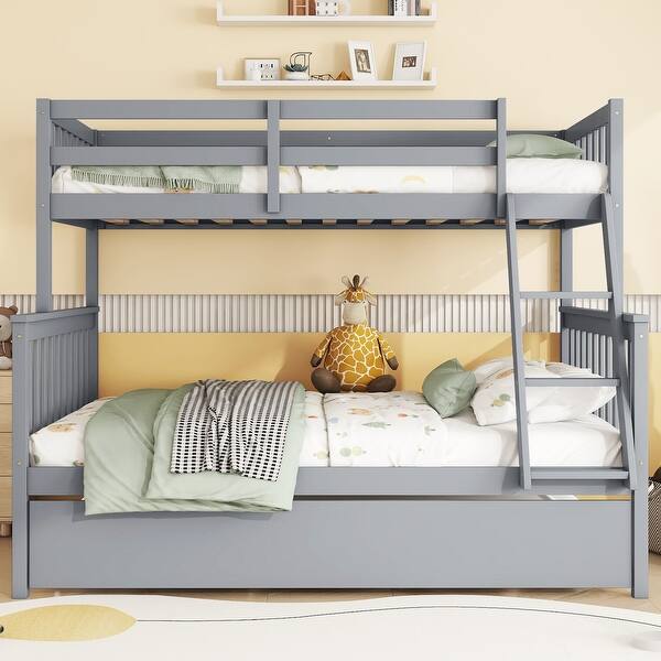 slide 2 of 12, Modern Twin Over Full Wood Bunk Kids Bed with Trundle,Convertible Ladder and Safety Guardrail Grey