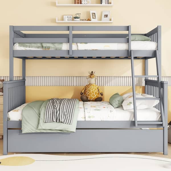slide 2 of 9, Twin Over Full Bunk Kids Bed with Trundle, Detachable & Convertible, Rubber Wood Frame with Reversible Ladder & Guardrail, Grey Grey